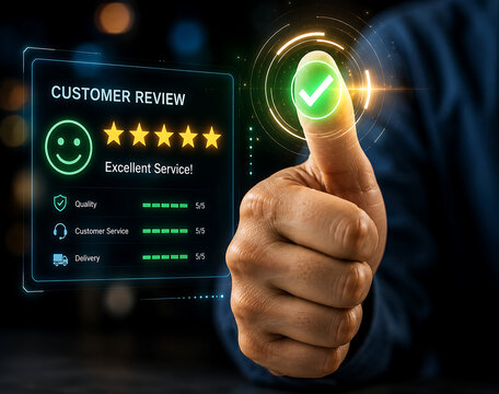 Excellent customer review with five star rating thumbs up confirming satisfaction.