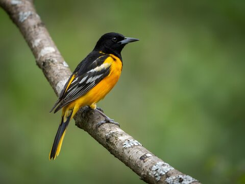 Baltimore Oriole bird perched on a tree branch in a natural forest environment