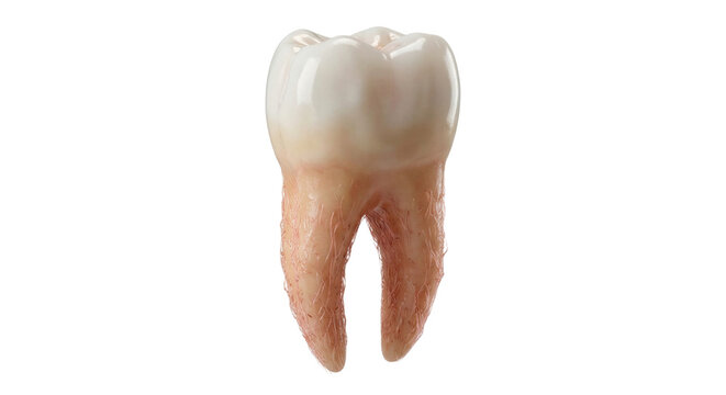 Realistic human molar tooth anatomical model showing dual roots with detailed periodontal ligament tissue fibers for dental science and healthcare education concepts on transparent background