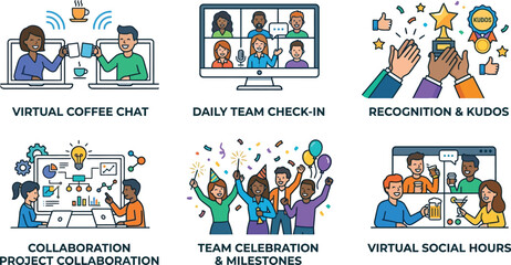 Fototapeta premium Team collaboration application icons illustrate virtual meetings, social.