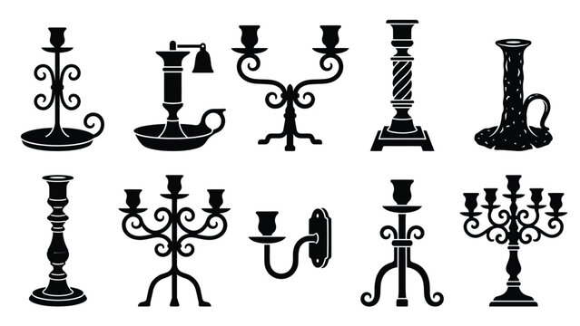 Vintage black candlestick silhouettes set with ornate scrollwork for classical interior design decor