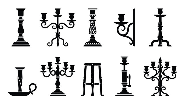 Black antique candle holder and candelabra silhouette icons for historical interior decoration sets