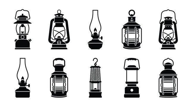 Antique kerosene lanterns and classic oil lamps black icons for heritage and outdoor themes