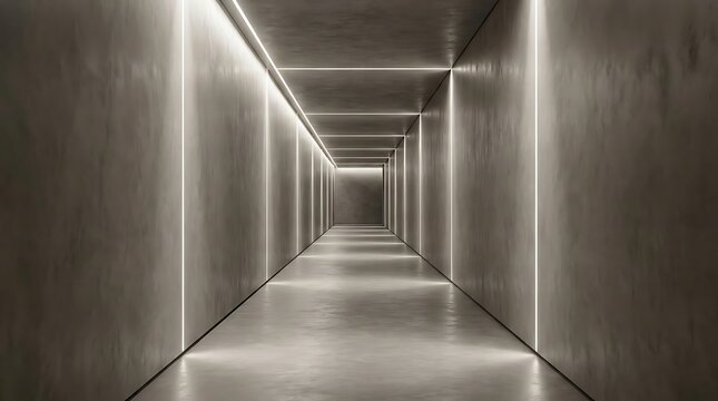 A minimalist perspective view of a long futuristic corridor with cimento queimado walls and modern recessed linear LED lighting in a sleek interior space.