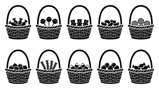 Black and white candy baskets vector set for halloween, holiday treats, or sweet shop designs
