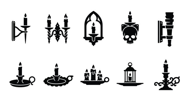 Black and white candle holders vector set for gothic, halloween, or fantasy designs