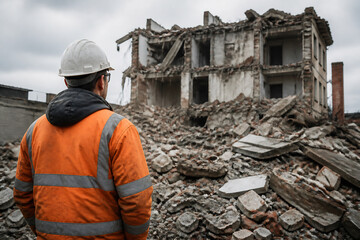 Fototapeta premium A construction worker in a hard hat stands amidst the rubble of a destroyed building under an overcast sky.