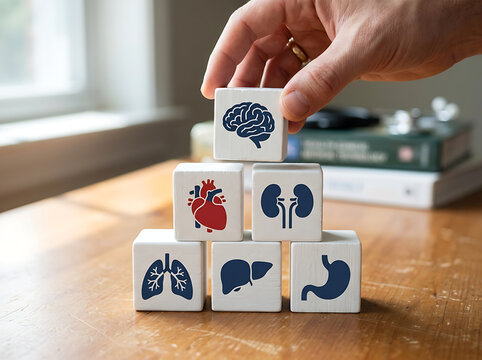 Person stacking wooden organ cubes