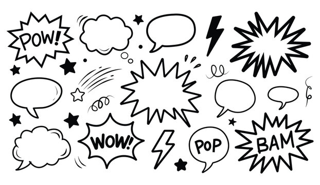 A collection of hand drawn comic book speech bubbles and sound effect elements with stars and lightning bolts on a white background