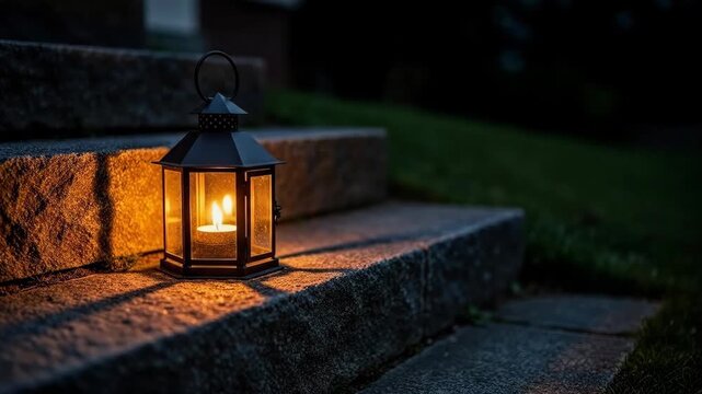 A warm candle lantern illuminates dark stone steps at twilight, creating a peaceful ambiance.