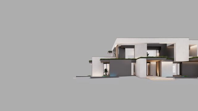 4K video rendering of two-story house with parking and pool for sale or rent with concrete facade. In the evening. Isolated on gray