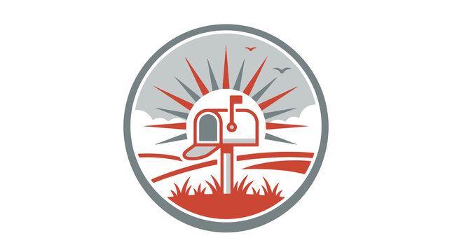 Circular retro mailbox icon with sunrise landscape.