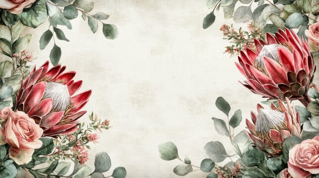 Vintage Floral Frame with Protea and Rose Flowers
