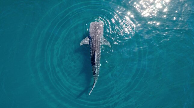 Whale shark swimming in clear blue ocean water aerial view