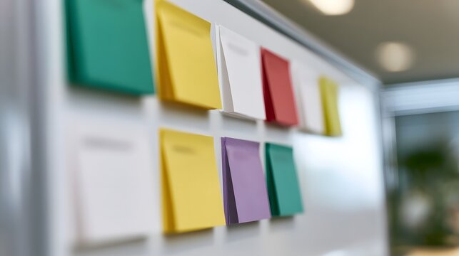 Colorful sticky notes arranged on a whiteboard in an office setting with soft lighting and blurred background