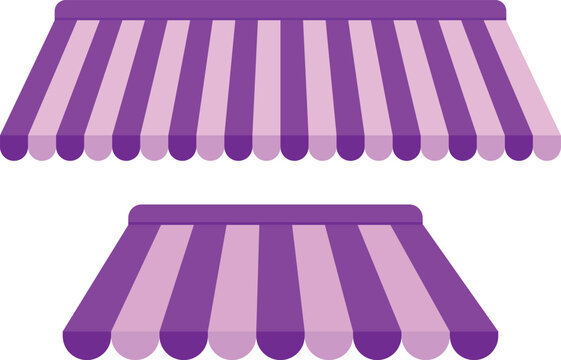 Purple striped store awning canopy vector icon set. Retail shop front sunshade sign. boutique roof shelter symbol. Marketplace storefront tent canopy