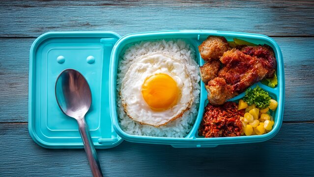 Top View Indonesian Nasi Campur in Turquoise Bento Lunch Box with Fried Egg and Chicken