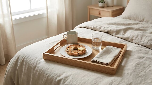 A cinnamon raisin bagel served with butter on a wooden breakfast tray in a cozy bed with linen sheets and a neutral home interior during the morning.