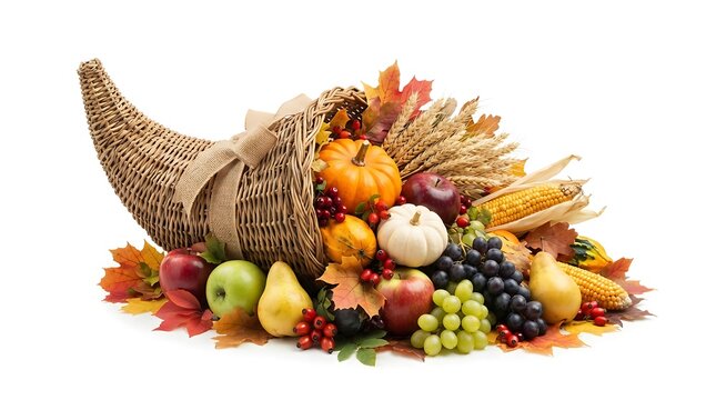 Abundant cornucopia overflowing with autumn harvest fruits and vegetables on a bed of colorful fall leaves