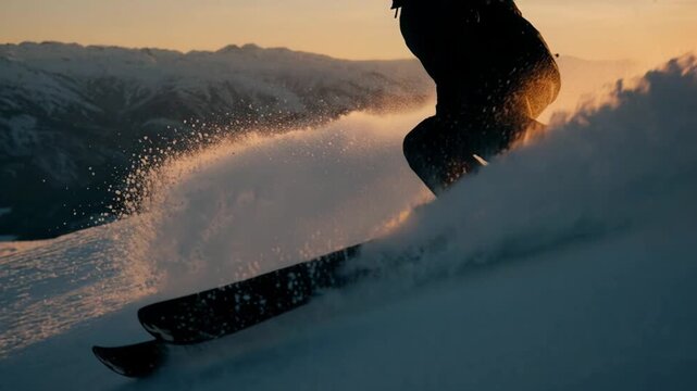 Skier in black jacket and helmet carves through fresh snow on a mountain slope at sunset, creating a spray of powder against a backdrop of distant peaks