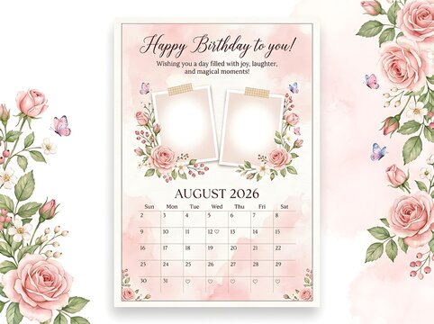 August 2026 birthday calendar template with photo frames, decorated with watercolor pink roses and butterflies, elegant floral design