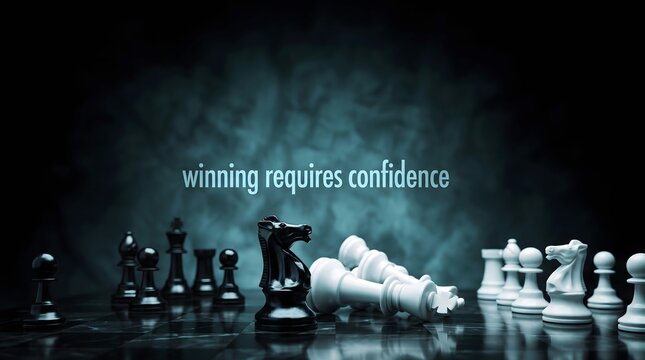 Black chess knight stands victorious over fallen white king piece on dark board with glossy board motivational