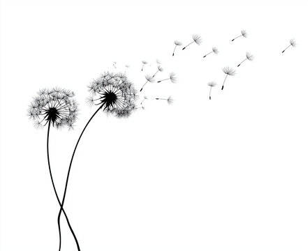 black and white vector illustration on a plain white background, featuring two dandelion seed heads with multiple seeds blowing away