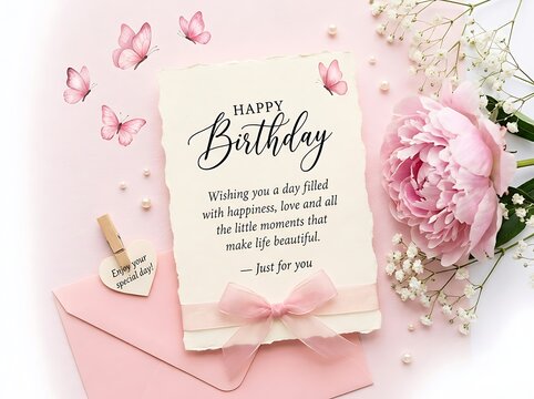 Beautiful birthday greeting card with pink peonies, butterflies, and a heartfelt message on a soft pink background