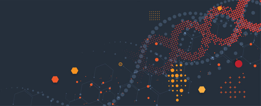 Halftone DNA helix and strands structure, connected neural web. Science and technology