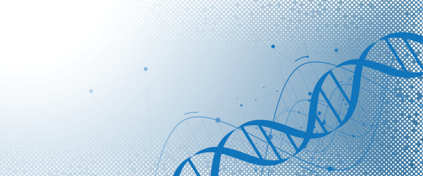 Halftone DNA helix and strands structure, connected neural web. Science and technology