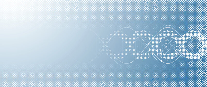 Halftone DNA helix and strands structure, connected neural web. Science and technology