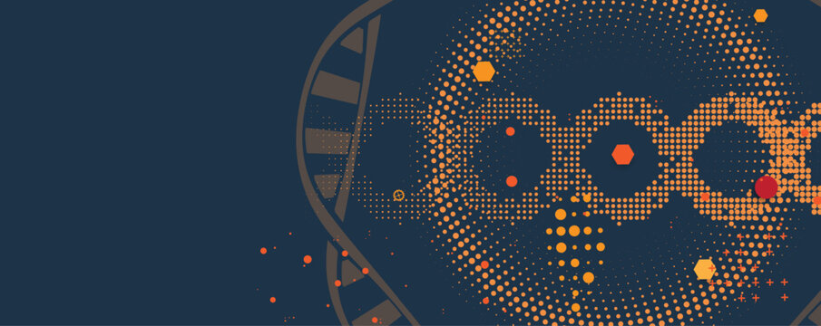 Halftone DNA helix and strands structure, connected neural web. Science and technology
