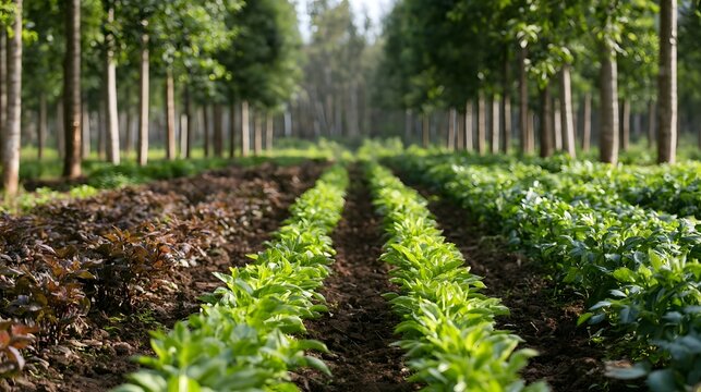 Rows of young green plants grow between tall trees in a structured agricultural landscape under soft natural light