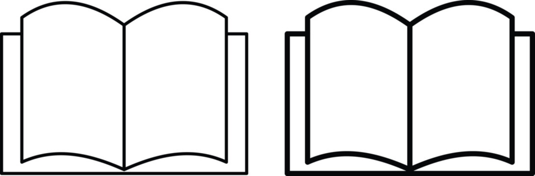Open book reading page vector icon set. Educational textbook and literature study publication symbol. School learning library catalog and novel reader
