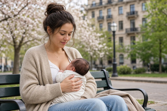 donna che allatta figlio neonato bambino al parco 