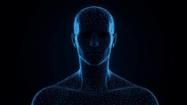 Digital human head with glowing blue wireframe mesh structure, showcasing intricate geometric patterns against a dark background, emphasizing the futuristic design and technology