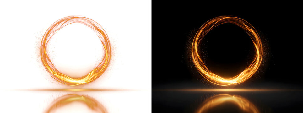 Golden fire ring circle with reflective floor glow perfect for luxury award frame overlays in PNG, Transparent and Black Background Versions