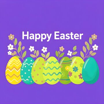 Decorated easter eggs with floral elements and happy easter text on purple background with graphic illustration featuring arranged decorative flowers colorful patterned easter vector style graphic