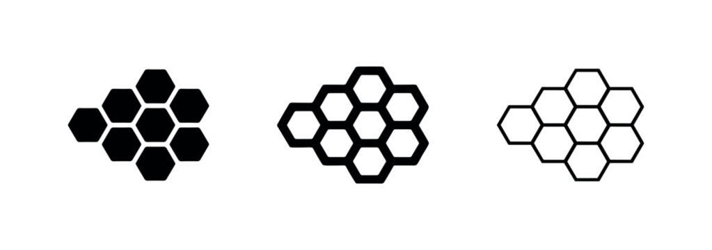 Honeycomb Pattern or Hexagonal Grid Icon Set in Solid, Bold Outline, and Thin Outline Styles