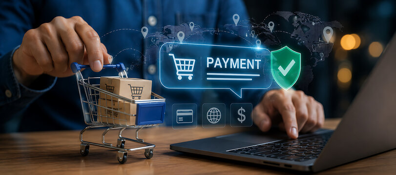 Secure online payment process with shopping cart on laptop.