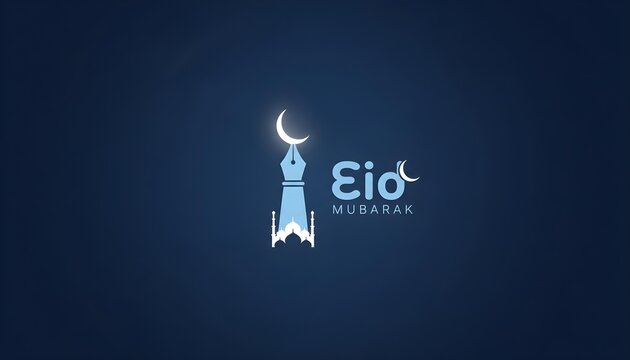 Minimalist eid mubarak graphic design featuring a fountain pen nib shaped like a mosque minaret with minaret crescent moon moon blue background illustration architecture celebration typography