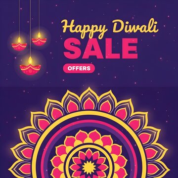 Happy diwali sale banner with hanging oil lamps and decorative mandala on dark blue background with colorful mandala pattern festive sale graphic illustration celebration tradition spiritual art