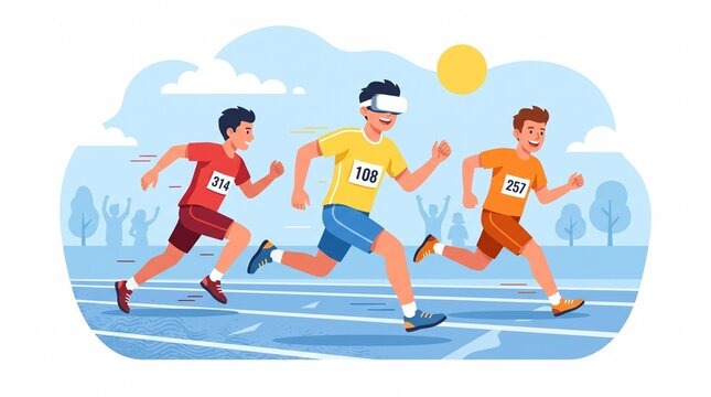 Three young athletes running a race on a track while wearing virtual reality headsets with wearing numbered jerseys reality headset under runner wears virtual under bright sunny determination men