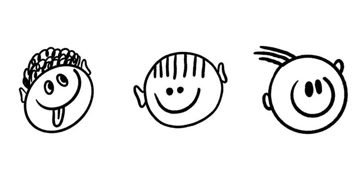 Animated hand drawn black and white line art of smiling funny faces pulsing on isolated white background, cute doodle emoticon animation loop for expressive graphic design.