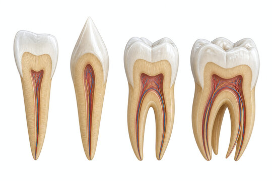 Comparative anatomy of human tooth types with roots