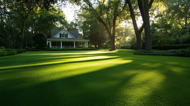 Southern Charm Estate: A picturesque southern estate with a white-columned porch sits nestled amidst a vibrant green lawn and mature trees, bathed in the soft.