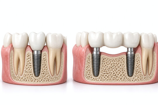 Dental implant and bridge comparison scientific illustration