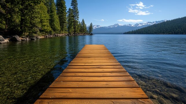 Wooden Pier on a Pristine Lake: An empty wooden pier extends into a crystal-clear lake, surrounded by lush green trees and distant snow-capped mountains, under a vibrant blue sky.