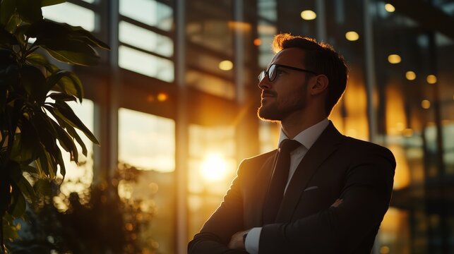 Confident Businessman at Sunrise: A debonair businessman with a sharp suit and glasses stands confidently, arms crossed, with the warm glow of sunrise reflecting in the background.