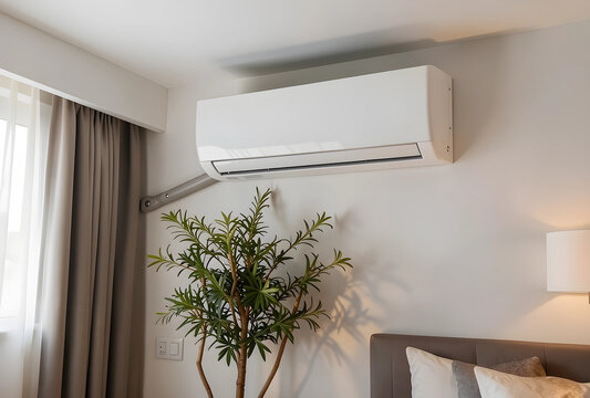Energy efficiency and climate control, modern air conditioner unit mounted on a bedroom wall for home comfort and temperature regulation in summer